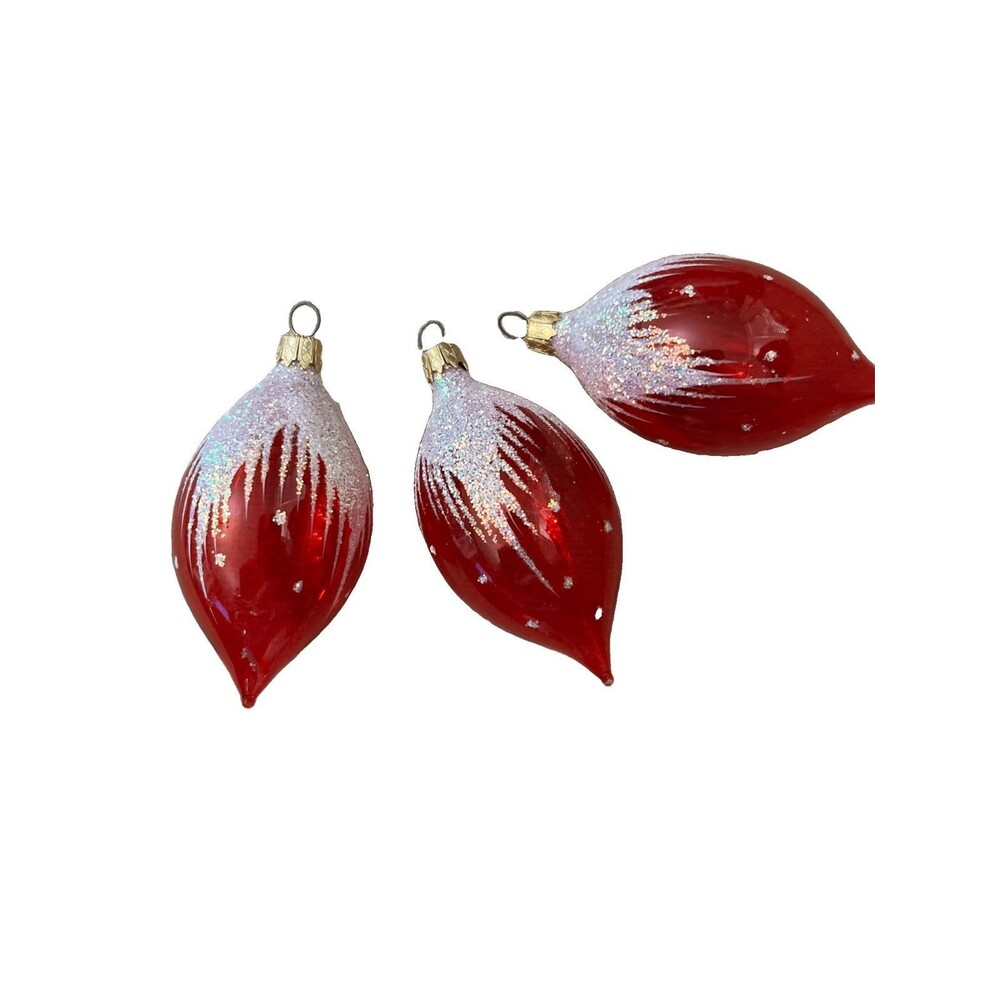 Vintage Shiny Brite Red Snow Capped Mica Glass Christmas Ornament Teardrop 3.5in